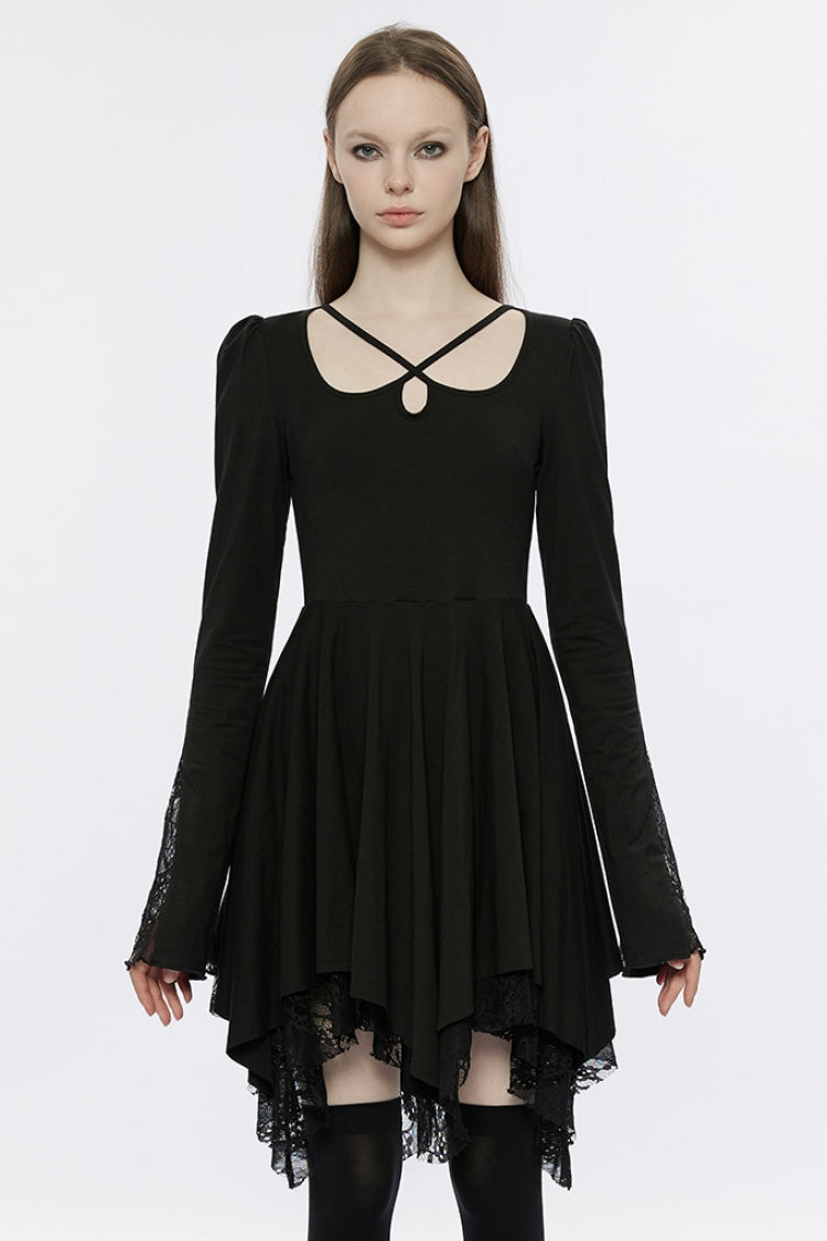 Schwarzes asymmetrisches Gothic-Kleid mit langen Trompetenärmeln und Spitzennähten für Damen