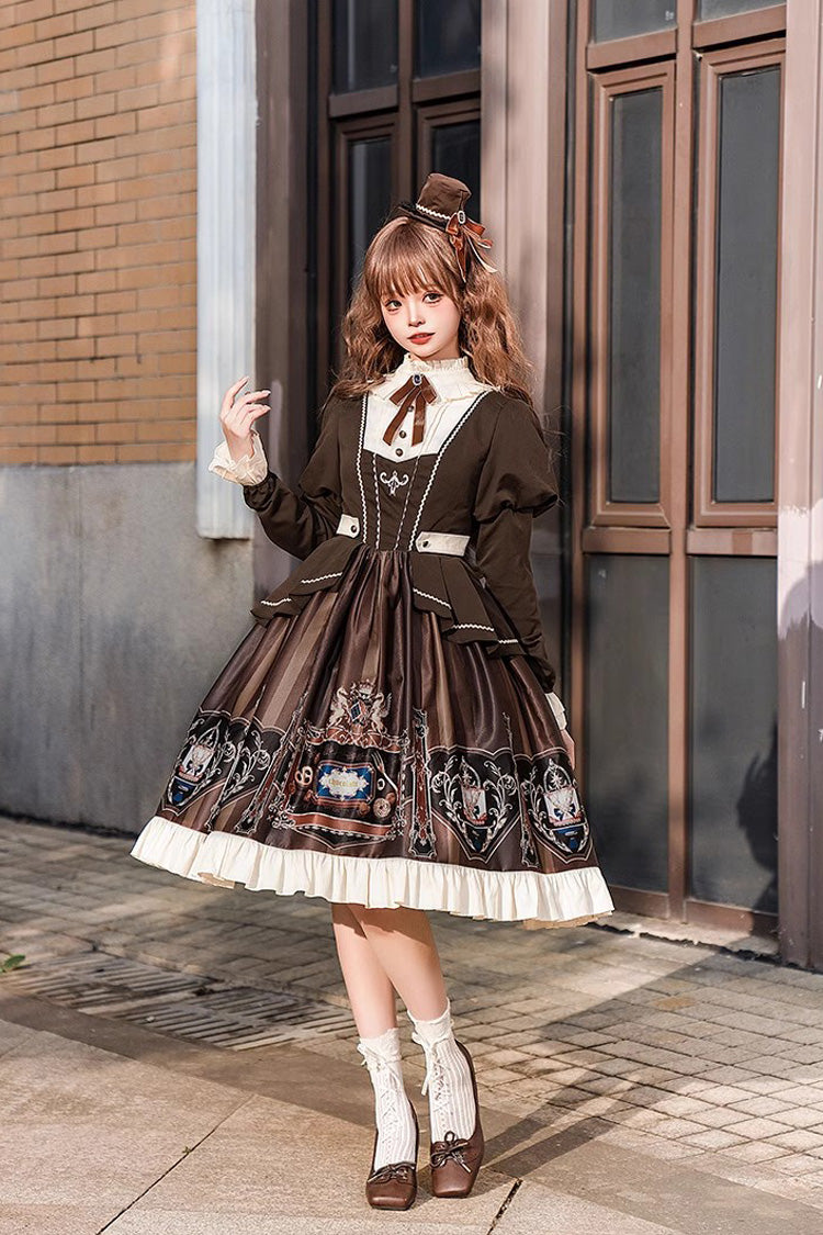 Chocolate Academy Long Sleeves Print Ruffle Vintage College Style Elegant Lolita Dress 2 Colors (Includes petticoat)