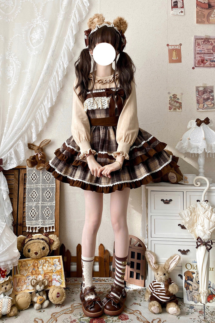 Brown [Caramel Cocoa] Double-Layered Print Ruffle Bowknot Sweet Lolita Jsk Dress