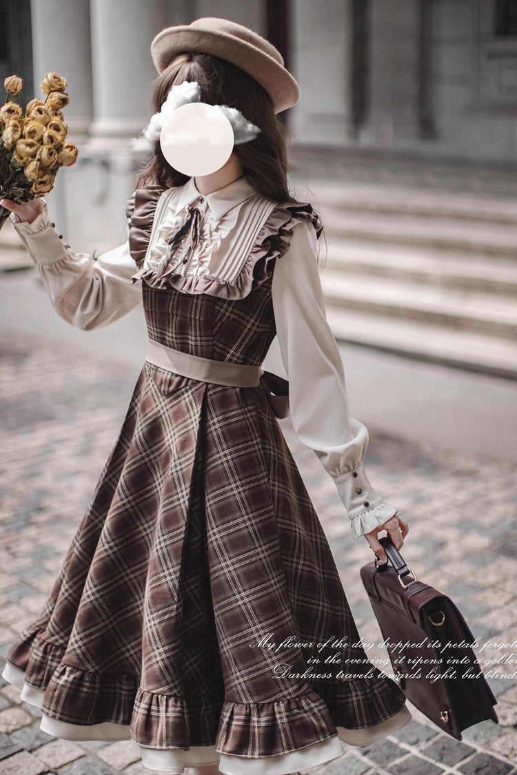 Brown [The Thames at Dusk] Print Ruffle Fake Two Pieces Vintage College Style Lolita Dress