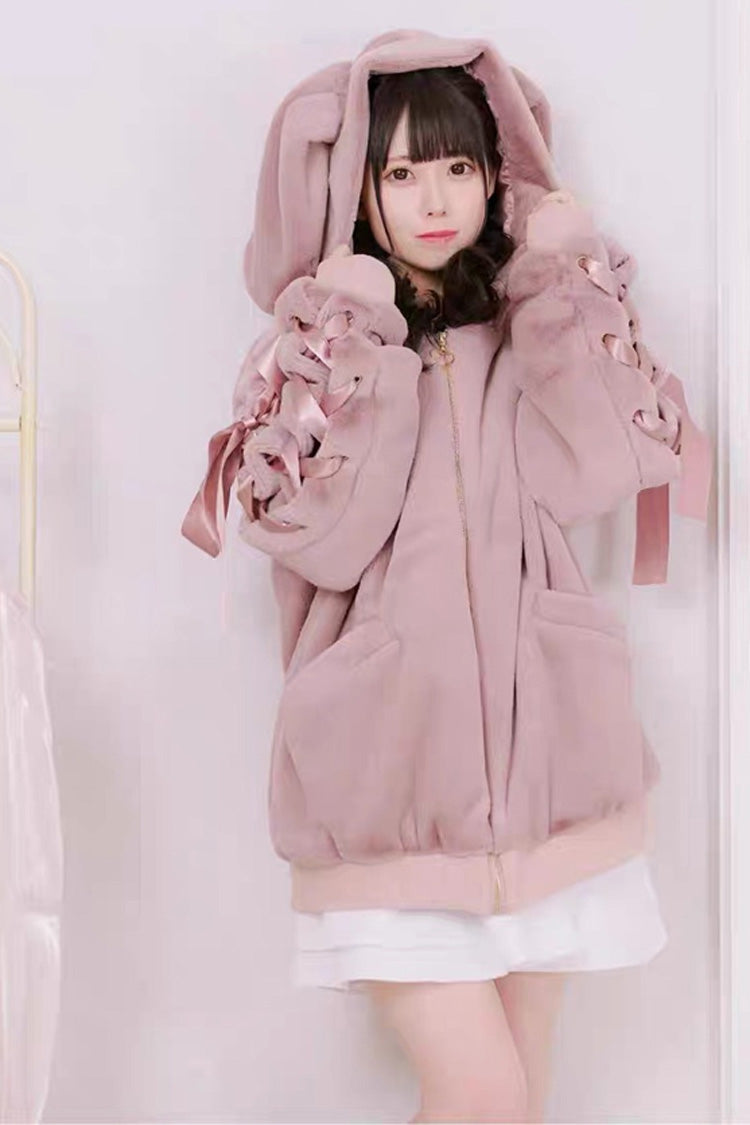 Pink Rabbit Ears Long Sleeves Bowknot Lace-Up Hooded Jirai Kei Coat