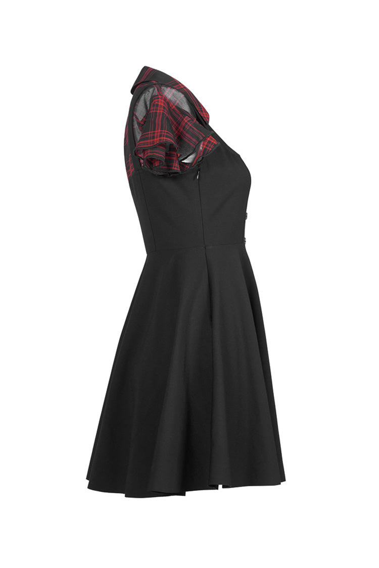 Schwarz/Rot V-Ausschnitt Rüschen Kurzarm Karo Chiffon Taillen Totenkopf Nieten Damen Punk Kleid