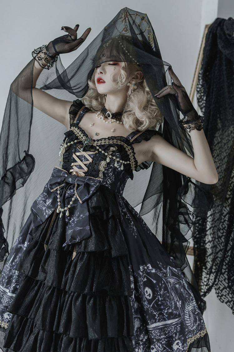 Schwarzes Rüschen-Cardigankleid mit Drachenreiter-Print, Schleife und Spitze, Gothic-Lolita-JSK-Kleid