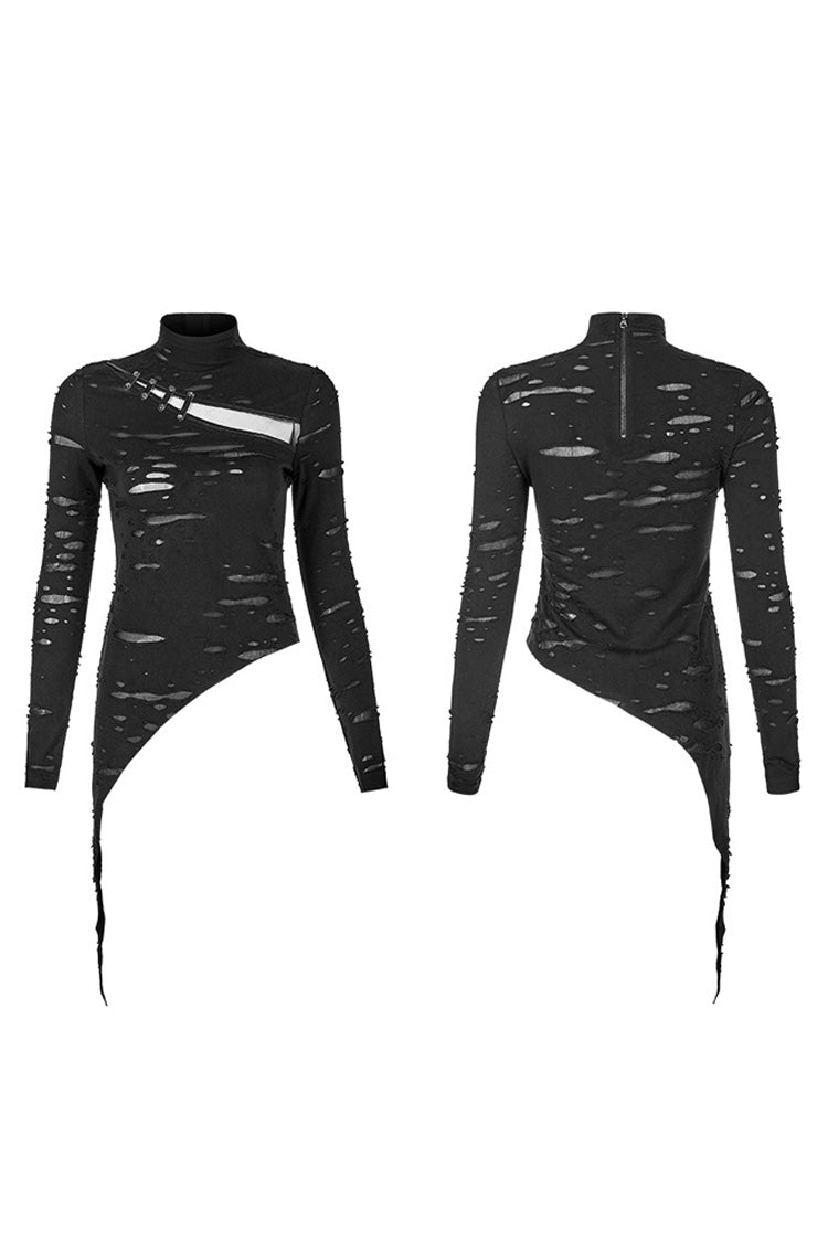 Black Long Sleeve High Collar Front Chest Hollow Out Strap Irregular Hem Broken Holes Splice Mesh Women's Punk T-Shirt