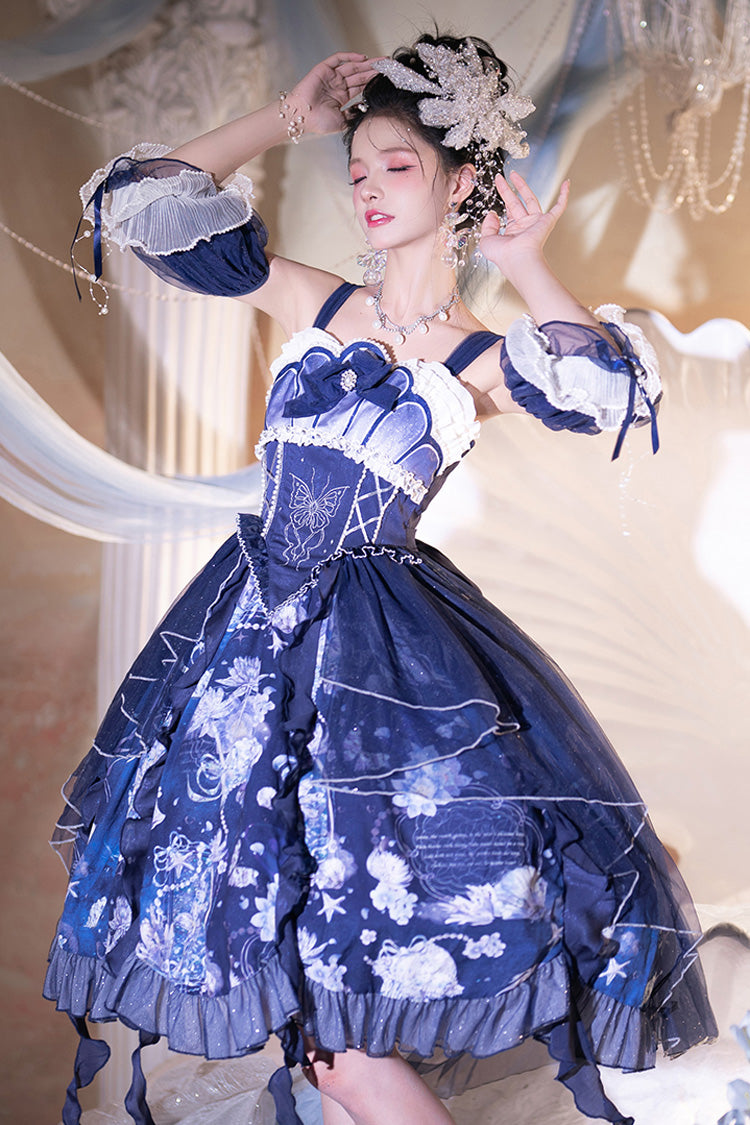 Blue [Deep Sea Jellyfish] Print Ruffle Lace Sweet Elegant Lolita Jsk Dress