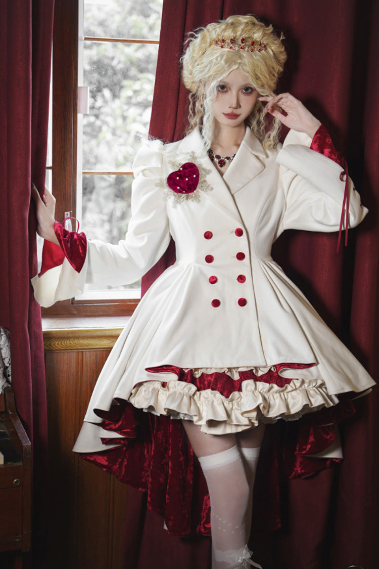 White Double-breasted Short Front and Long Back Irregular Gothic Lolita Coat