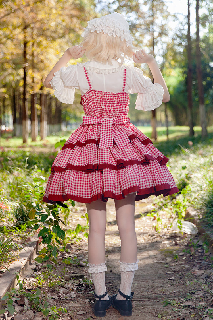 Rotes [Cloth Cat] Süßes Lolita-Kleid mit dreilagigem Karomuster, Rüschen und Schleife