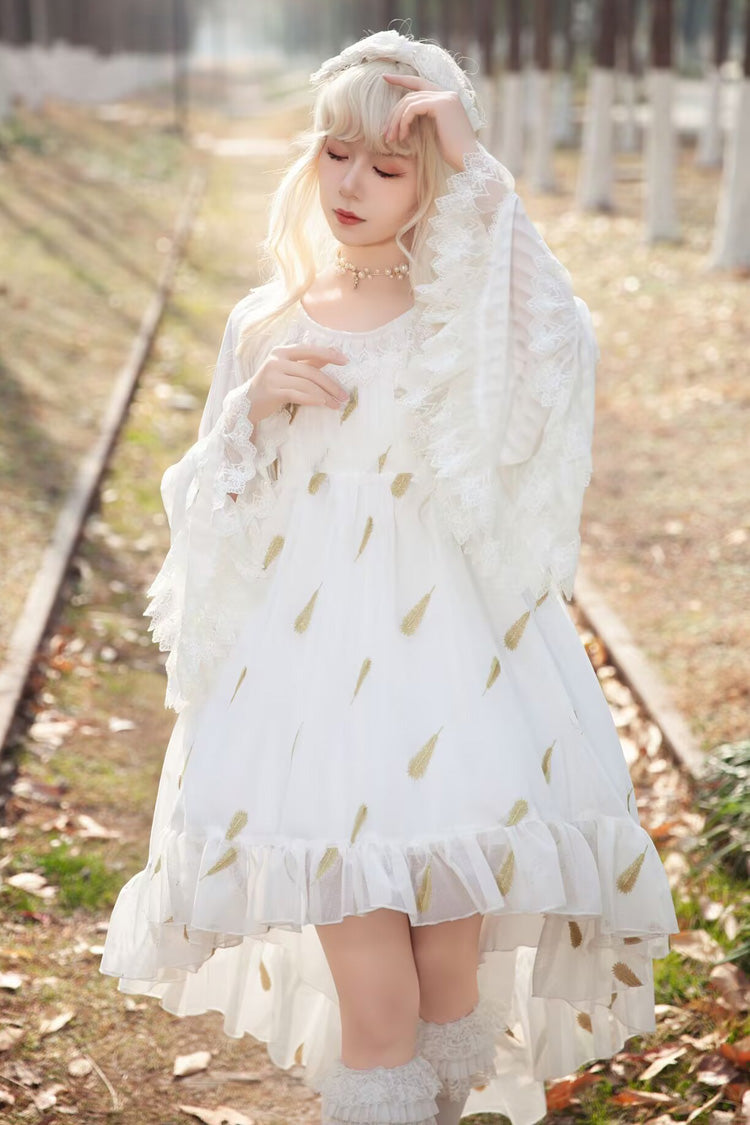 [Feather Snowflake Embroidery] Print Sleeveless Ruffle Bowknot Sweet Lolita Jsk Dress 3 Colors