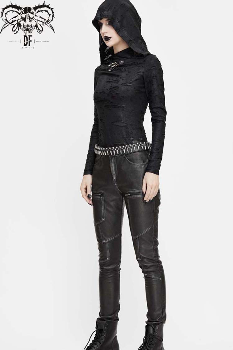 Black Hooded Snakeskin Ripped Pattern Triangle Metal Nail Asymmetrical Women's Punk Shirt