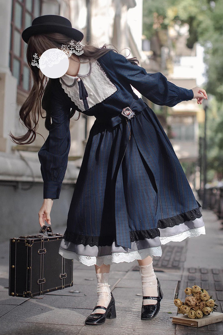 Dark Blue [Phyllis] Plaid Print Ruffle Bowknot Lace Vintage Elegant Lolita Dress