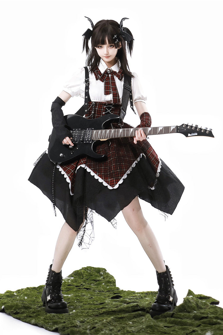 Black/Red [Soul Mantra] Plaid Print Irregular Sweet Lolita Strap Dress