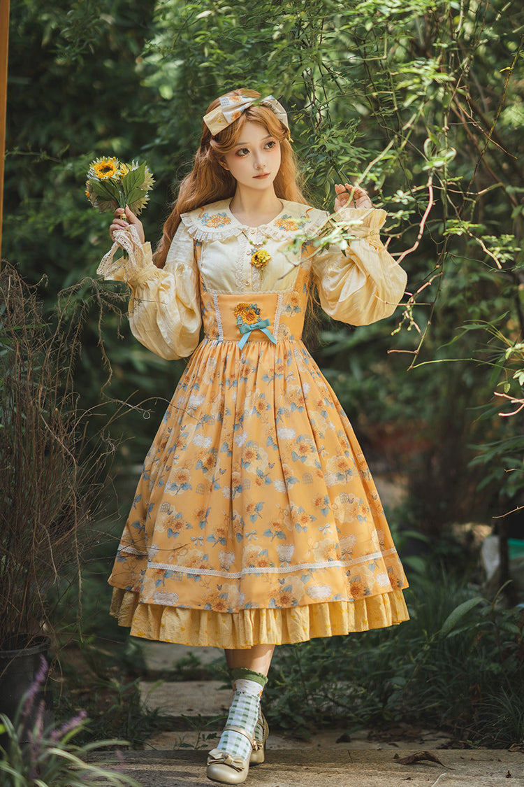 Yellow [Gardening Sunflower] Sleeveless Print Ruffle Bowknot Sweet Elegant Uplift Lolita Jsk Dress