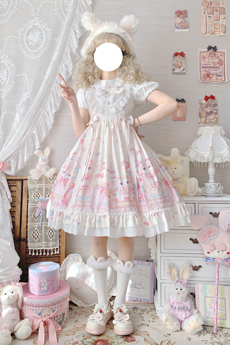 Ivory Cute Cat Print High Waisted Ruffle Bowknot Sweet Princess Lolita JSK Dress