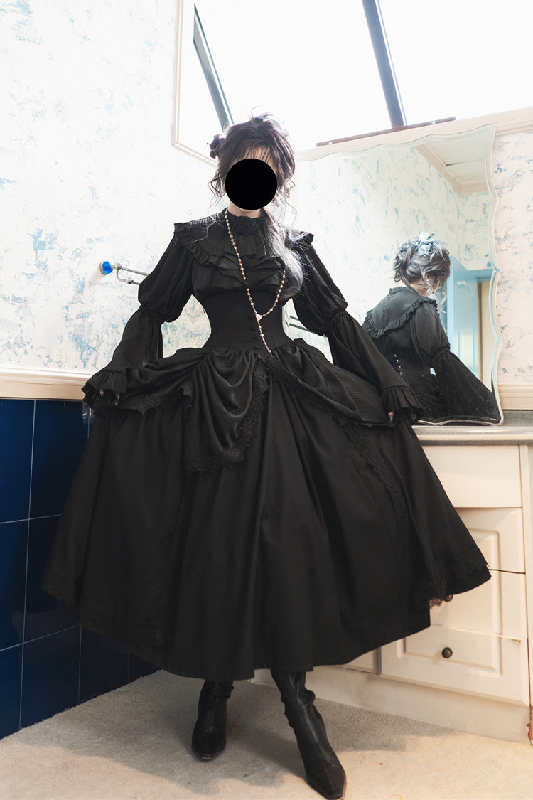 Black [Sleepwalking] Long Hime Sleeves Stitching Lace Plus Size Gothic Elegant Lolita Skirt Set