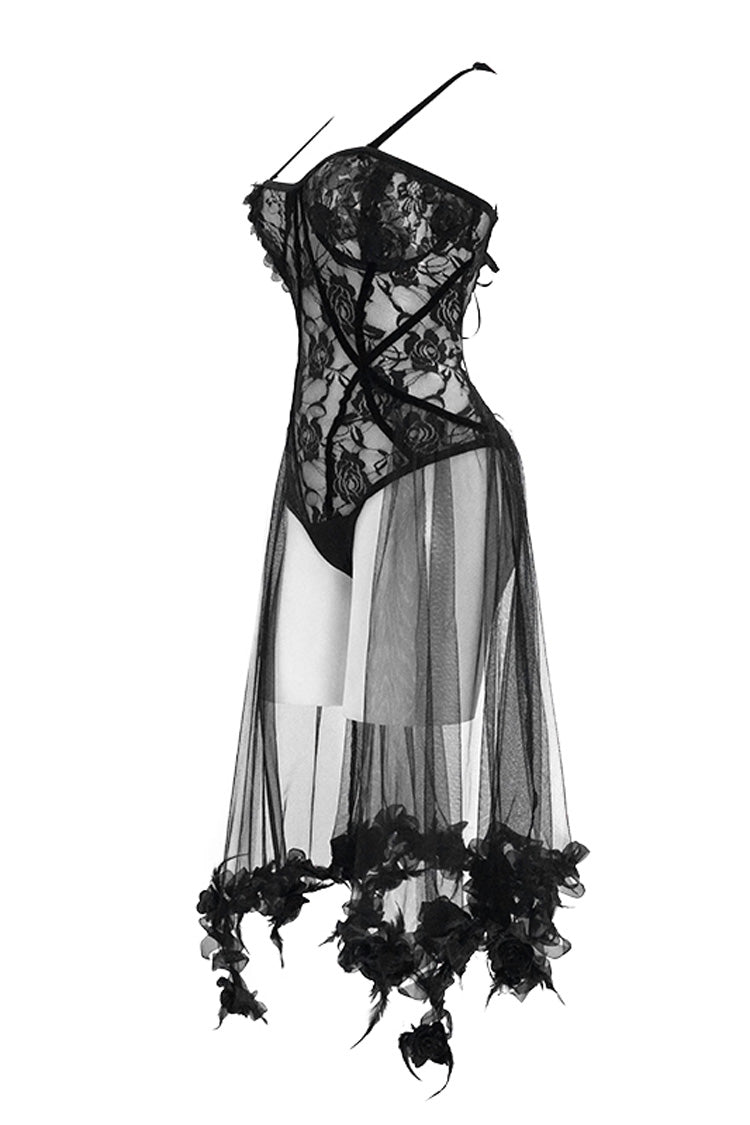 Black Translucent Rose Lace Mesh Hem Sling Women's Gothic Jumpsuit