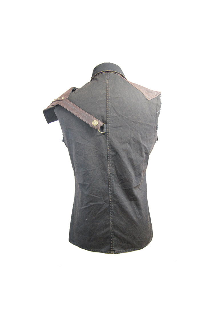 Black Twill Brown One Shoulder Armor Heat Seal Hasp Sleeveless Men's Punk Shirt