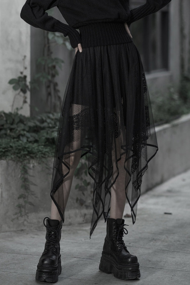 Black Embroidery Lace Asymmetric Hem Women's Gothic Skirt