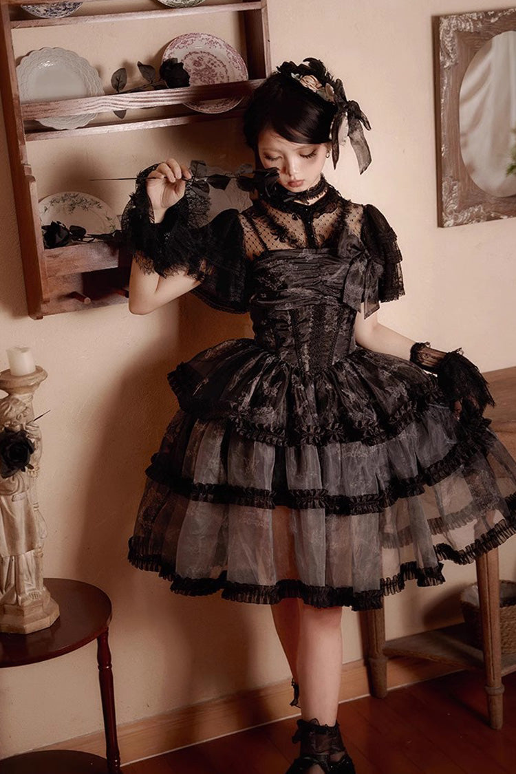 Black Multi-layer Butterfly Print Bowknot Lace Fish Bone Gothic Lolita Jsk Dress