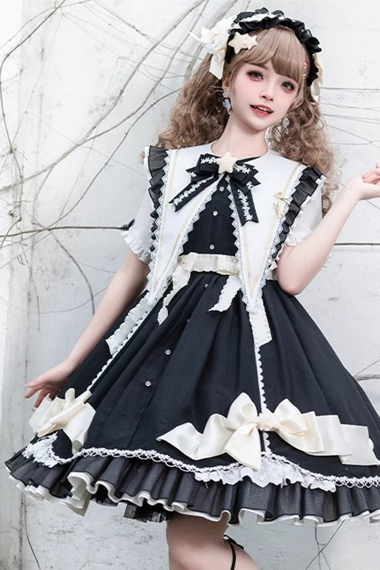 Black Sleeping Star Short Sleeves Ruffle Bowknot Lace Stitching Sweet Lolita Dress