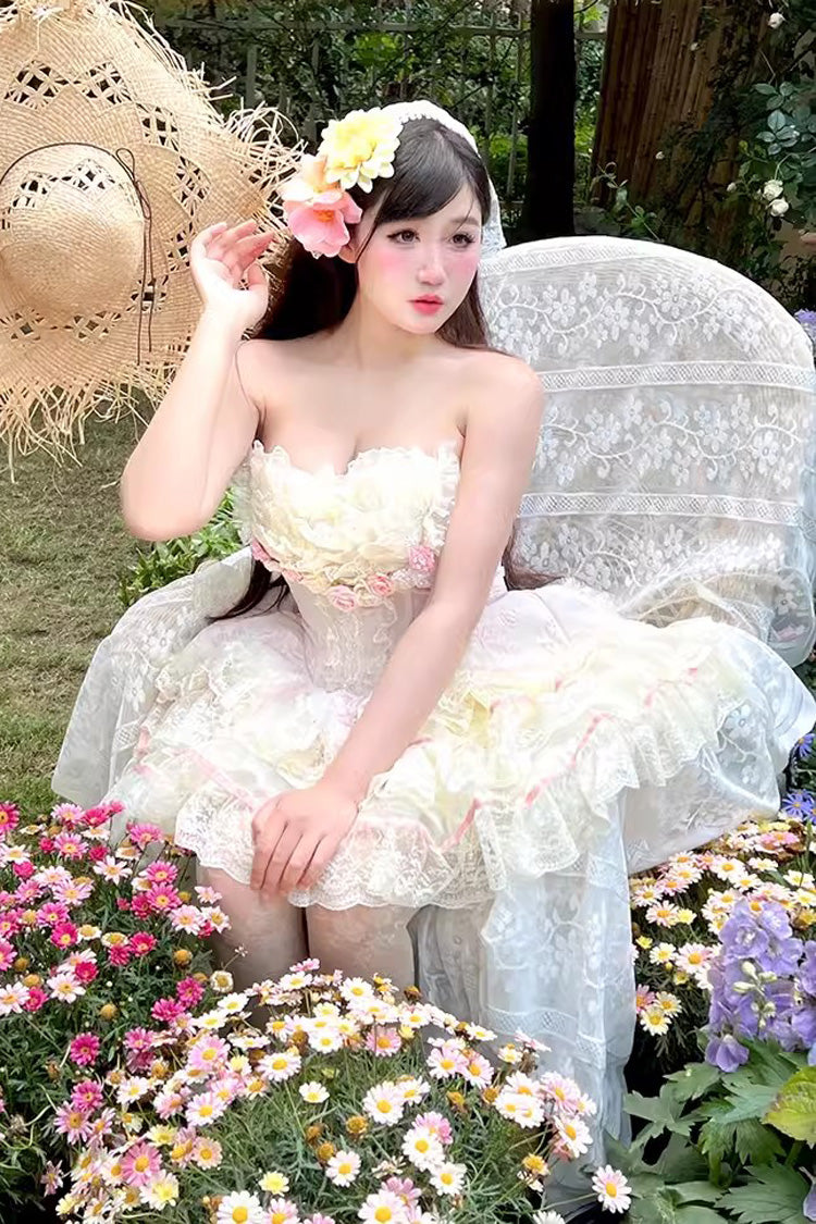 ピンクの花の愛の女神フリル蝶結びレースの甘くてエレガントなロリータスカートドレスセット