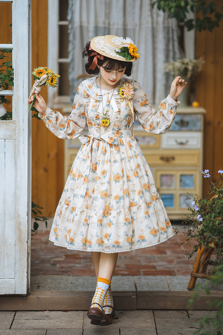 Apricot [Gardening Sunflower] Long Sleeves Print Ruffle Bowknot Sweet Elegant Lolita Dress