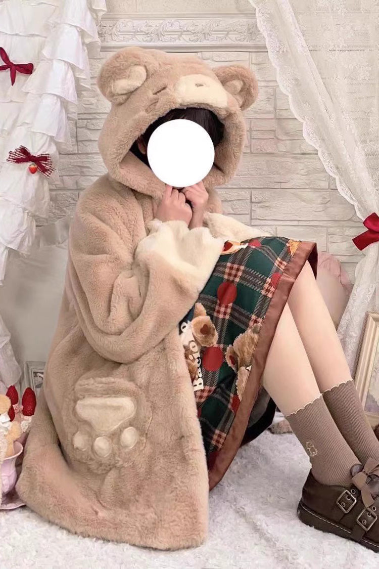 [Sleepy Bear] Long Sleeves Plush Thickened Hooded Sweet Lolita Coat 2 Colors