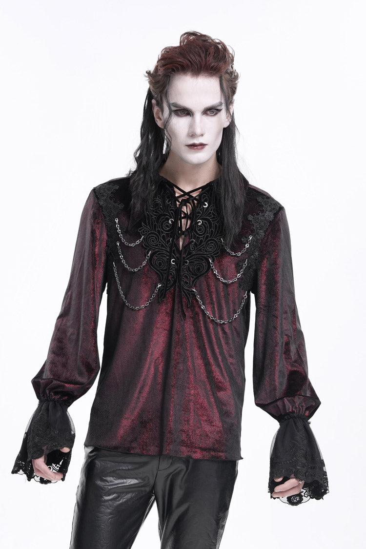 Wine Red V Collar Long Sleeves Lace-Up Chain Men's Gothic Blouse