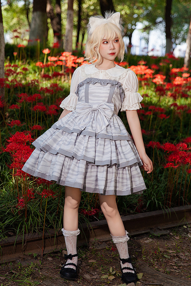 Grey [Cloth Cat] Triple-Layered Print Ruffle Bowknot Sweet Lolita Dress