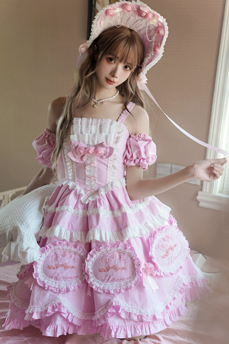 Rosa [Butterfly Dream] Mehrlagiges, bedrucktes Rüschen-Schleifen-Lolita-Jsk-Kleid mit süßer Prinzessinnen-Optik