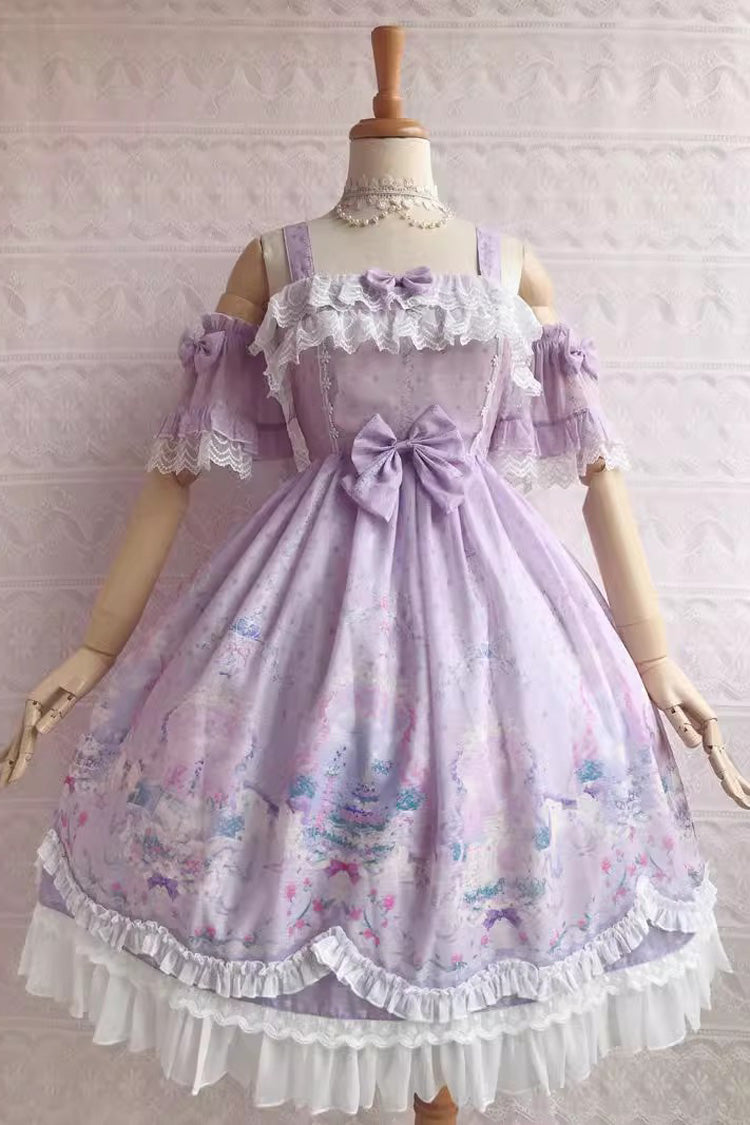 Süßes Lolita-JSK-Kleid mit Rüschen und Schleife im Unicorn's Secret Garden-Print, 7 Farben