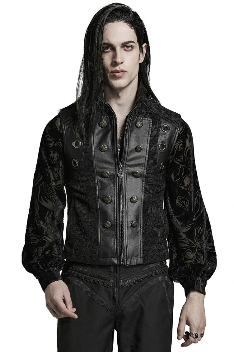 Men's Stand Collar Jacquard Print Stitching Metal Ring Decoration Gothic Vest 2 Colors