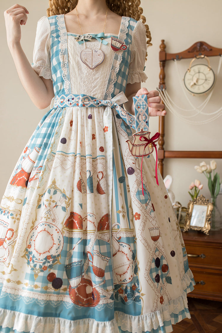 Blue/Green [Tea Party] Short Sleeves Print Ruffle Bowknot Lace Sweet Elegant Lolita Dress