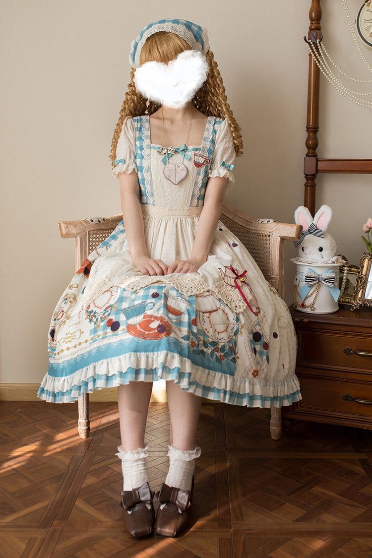 Blue/Green [Tea Party] Short Sleeves Print Ruffle Bowknot Lace Sweet Elegant Lolita Dress