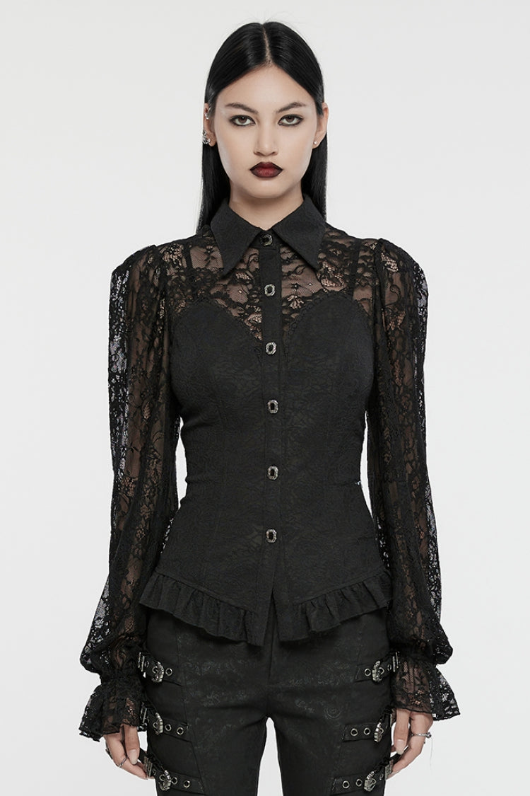 Black Lapel Collar Puff Sleeves Ruffle Stitching Lace Women's Gothic Blouse