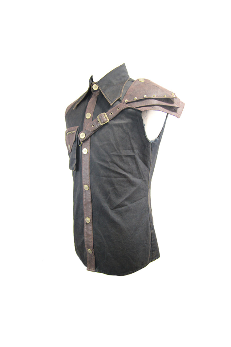 Black Twill Brown One Shoulder Armor Heat Seal Hasp Sleeveless Men's Punk Shirt