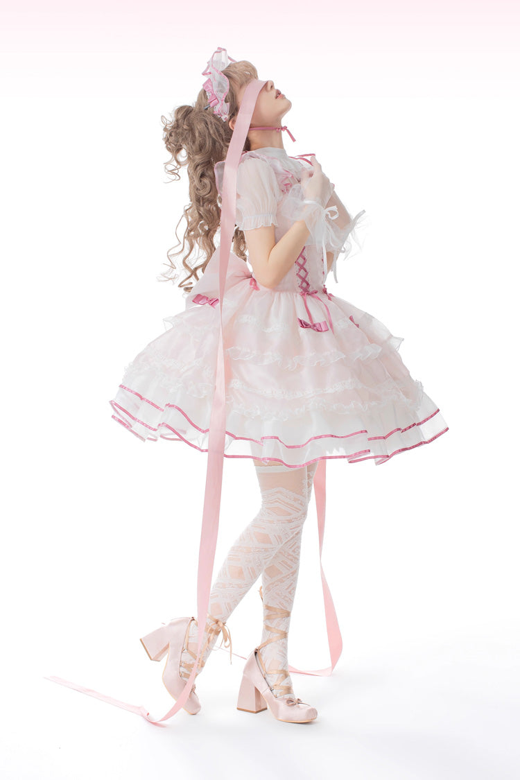 Pink Multi-layer Ruffle Bowknot Lace-Up Ballet Style Sweet Princess Lolita Tiered Dress