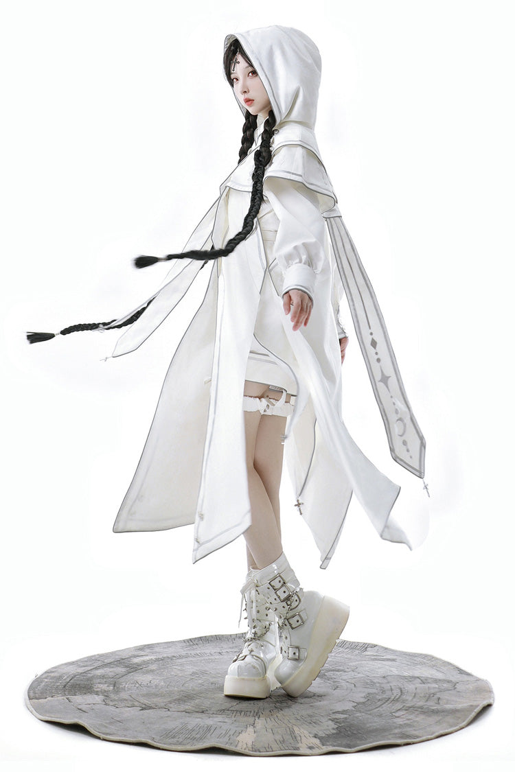 Weißes Ouji Fashion Lolita-Set mit futuristischem mechanischem Aufdruck im Bionic Dimension-Stil (einschließlich Oberteil, Umhang und Shorts)