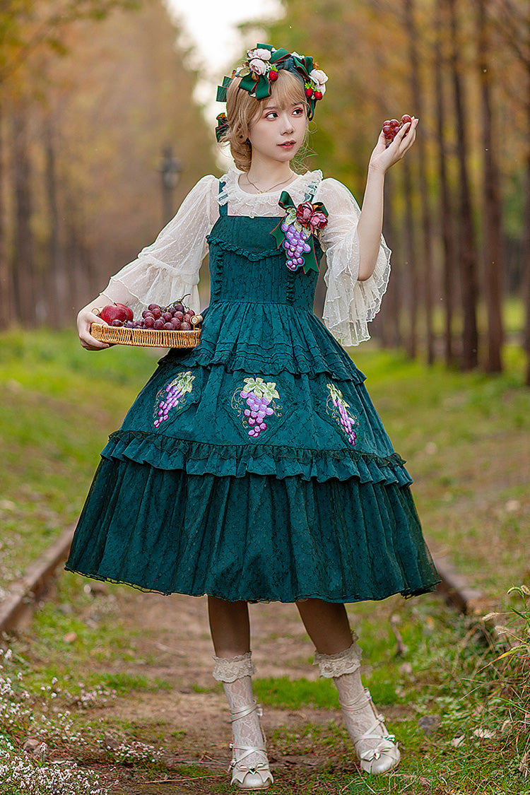 Green [Vineyard] Sleeveless Jacquard Print Ruffle Embroidery Sweet Lolita Jsk Dress