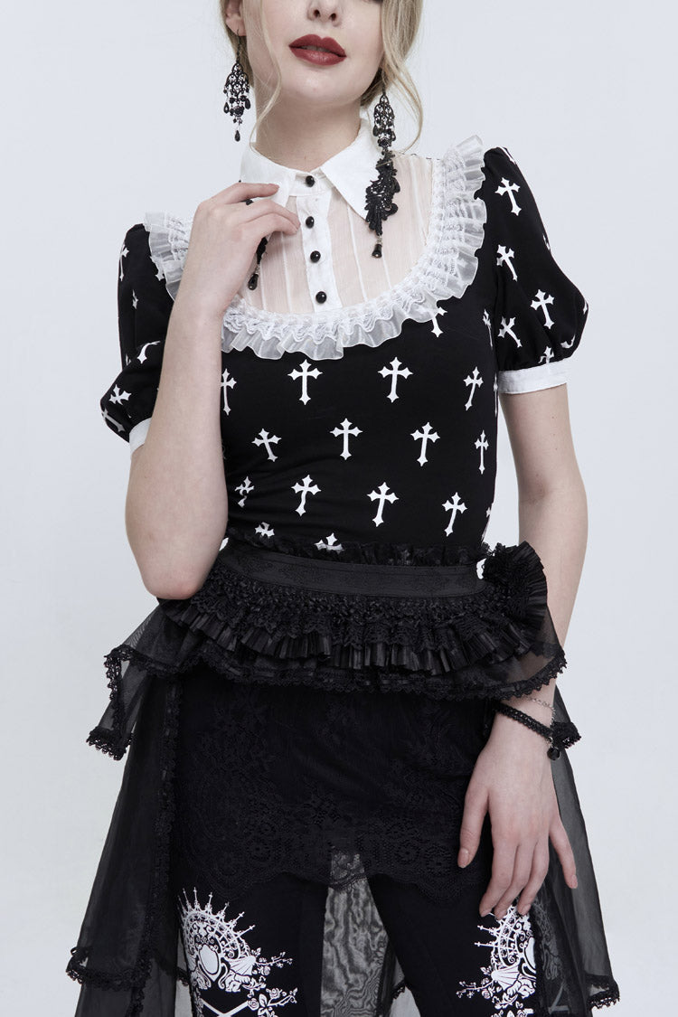 Black/White Cross Printed Chest Paneled Chiffon With Lace Collar Applique? Lace Strap Pendant Women's Punk Shirt