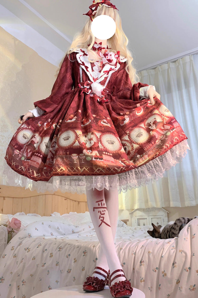 Red [Afternoon Fantasia] Print Ruffle Bowknot Sweet Lolita Jsk Dress