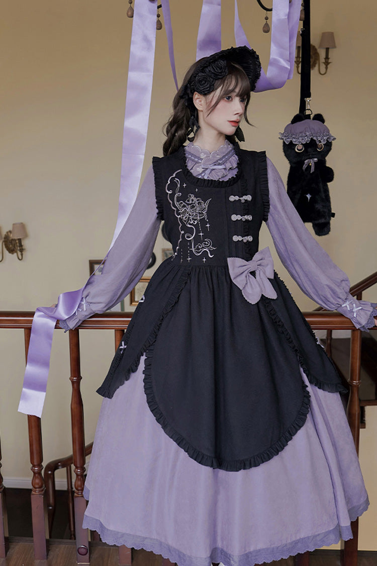 Black/Purple Petal Collar Drawstring Long Sleeves Embroidery Sweet Chinese Style Lolita Dress Two-piece Set