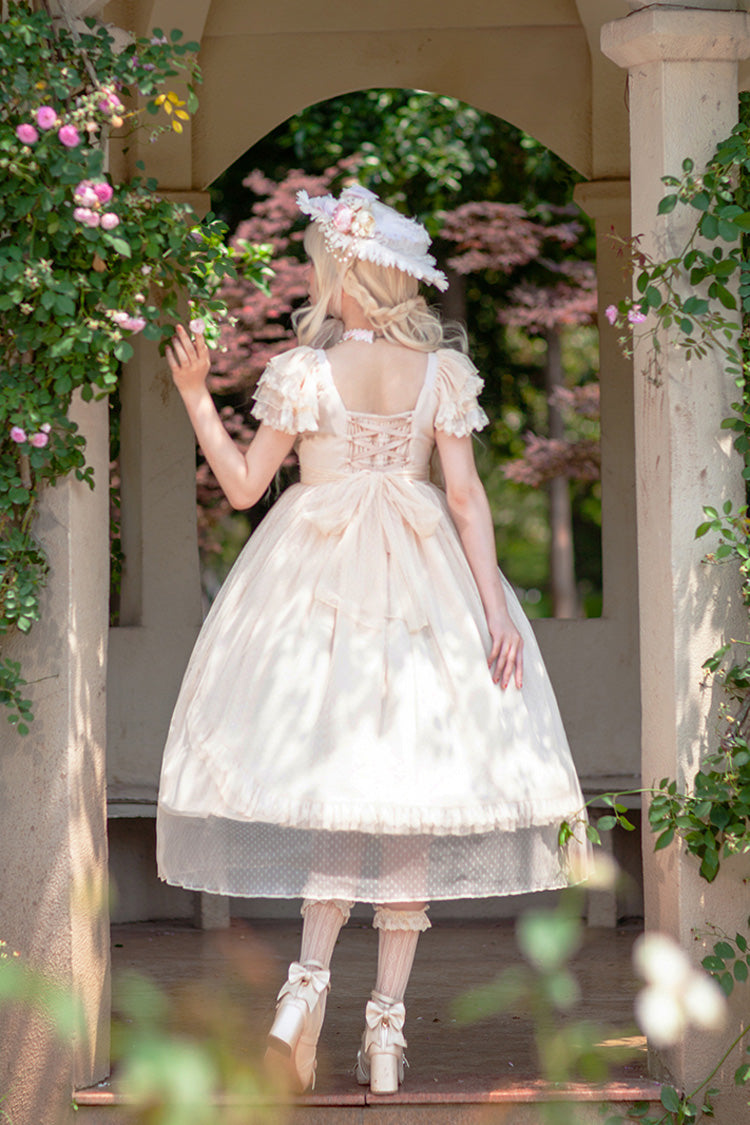 Apricot [Moon goddess *Mediana*] Polka Dot Print Ruffle Bowknot Asymmetric Sweet Elegant Lolita Dress