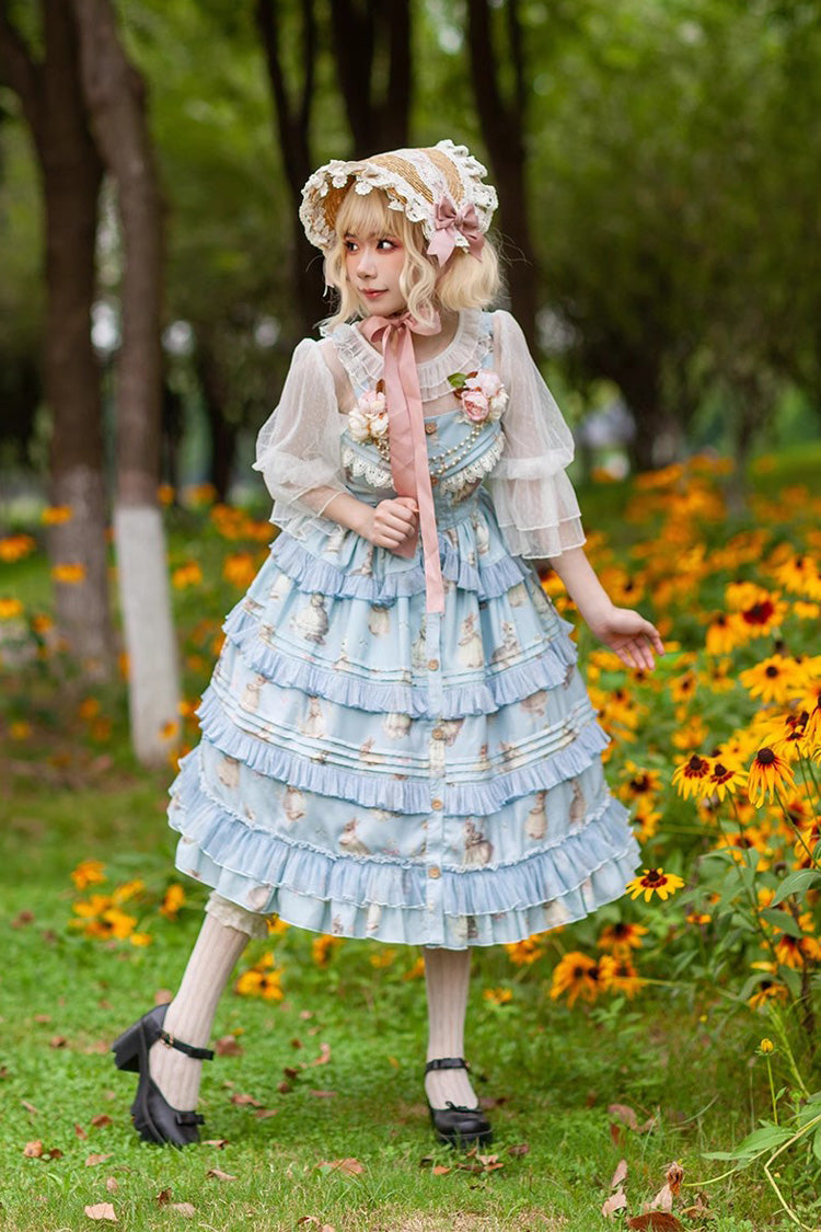 Miss Rabbit Dance Print Multi-layer Ruffle Sweet Elegant Lolita Jsk Dress 4 Colors