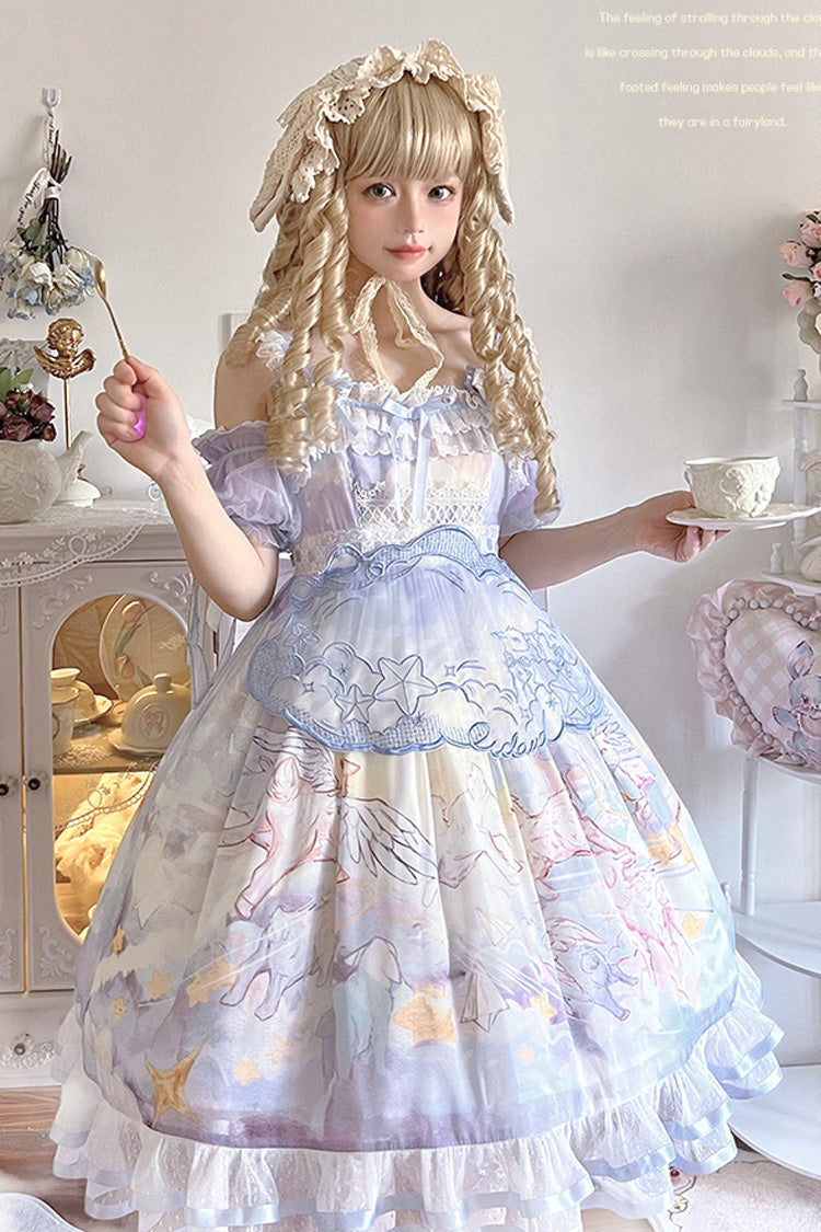 Blue [Walking In The Clouds] Print Ruffle Bowknot Lace Sweet Lolita Jsk Dress Full Set