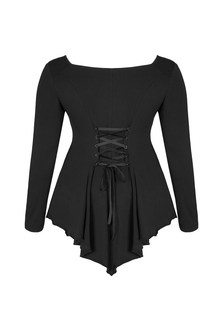 Black Big Round Collar Front Chest Decals Long Sleeve Back Waist Lace-Up Frill Hem Plus Size Women's Gothic T-Shirt