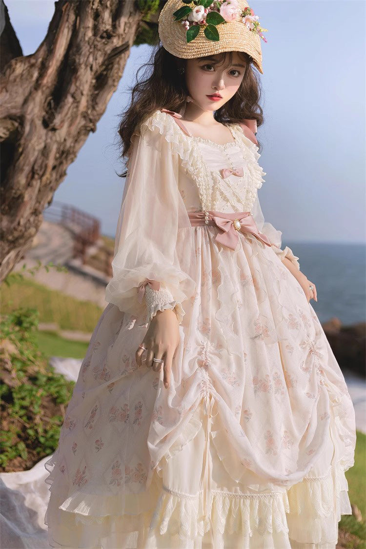 Ivory Time Letter Multi-layer Print Ruffle Bowknot Daily Sweet Elegant Lolita Dress