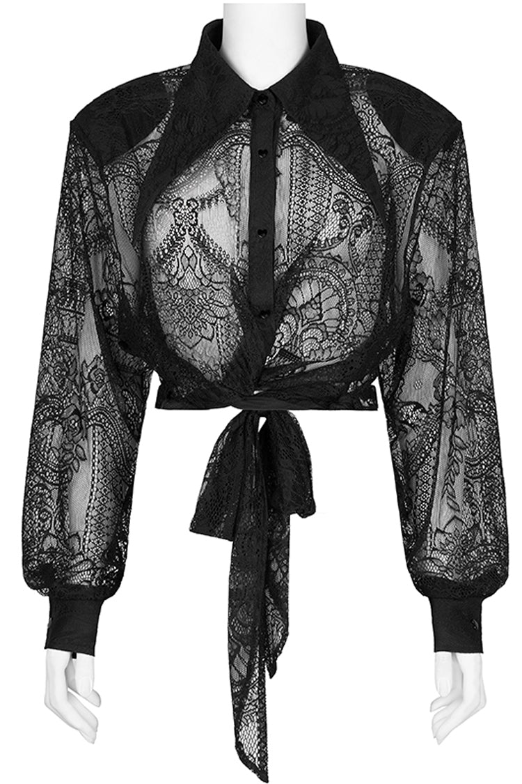 Schwarzes Gothic-Shirt mit langen Ärmeln und Print, Stickerei und Spitze für Damen