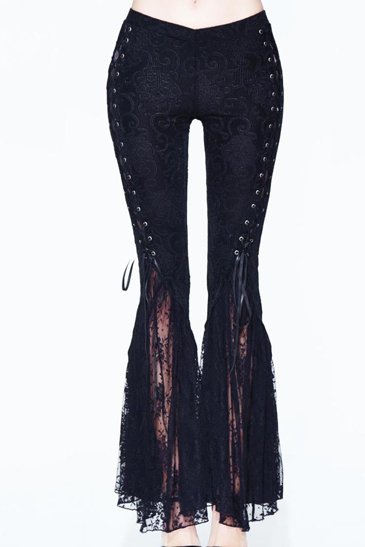 Black Palace Pattern Lace-Up Velveteen Lace Flared Women's Gothic Pants