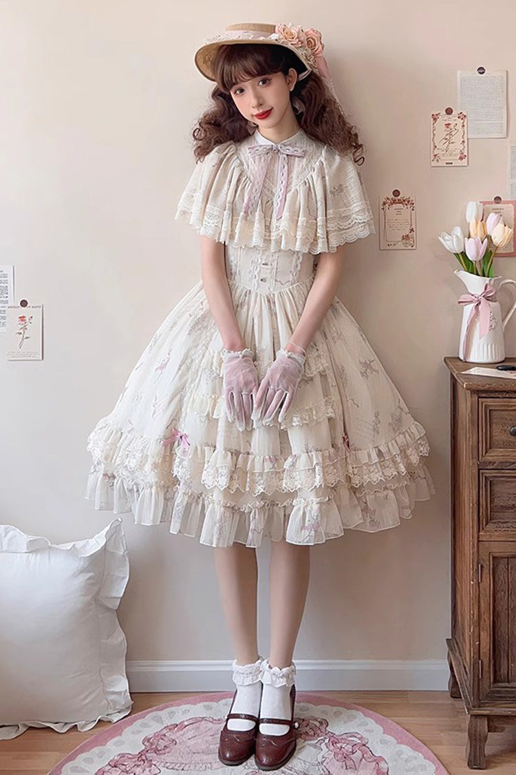 Multi-Color Bellflower Print Ruffle Lace Sweet Princess Lolita Dress