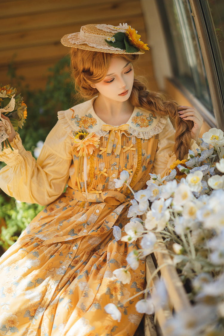 Yellow [Gardening Sunflower] Sleeveless Print Ruffle Bowknot Sweet Elegant Lolita Jsk Dress